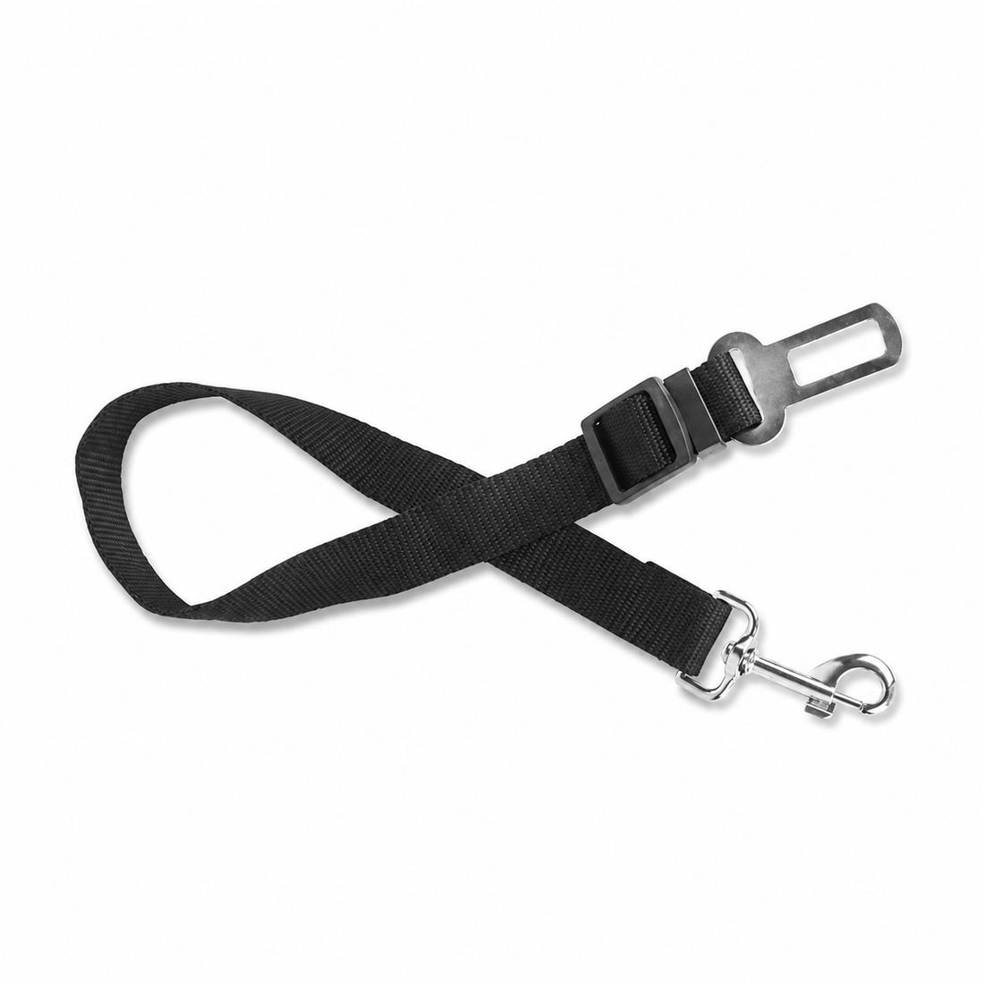 Black adjustable dog seat belt tether with a buckle tab, length adjuster and swivel clip