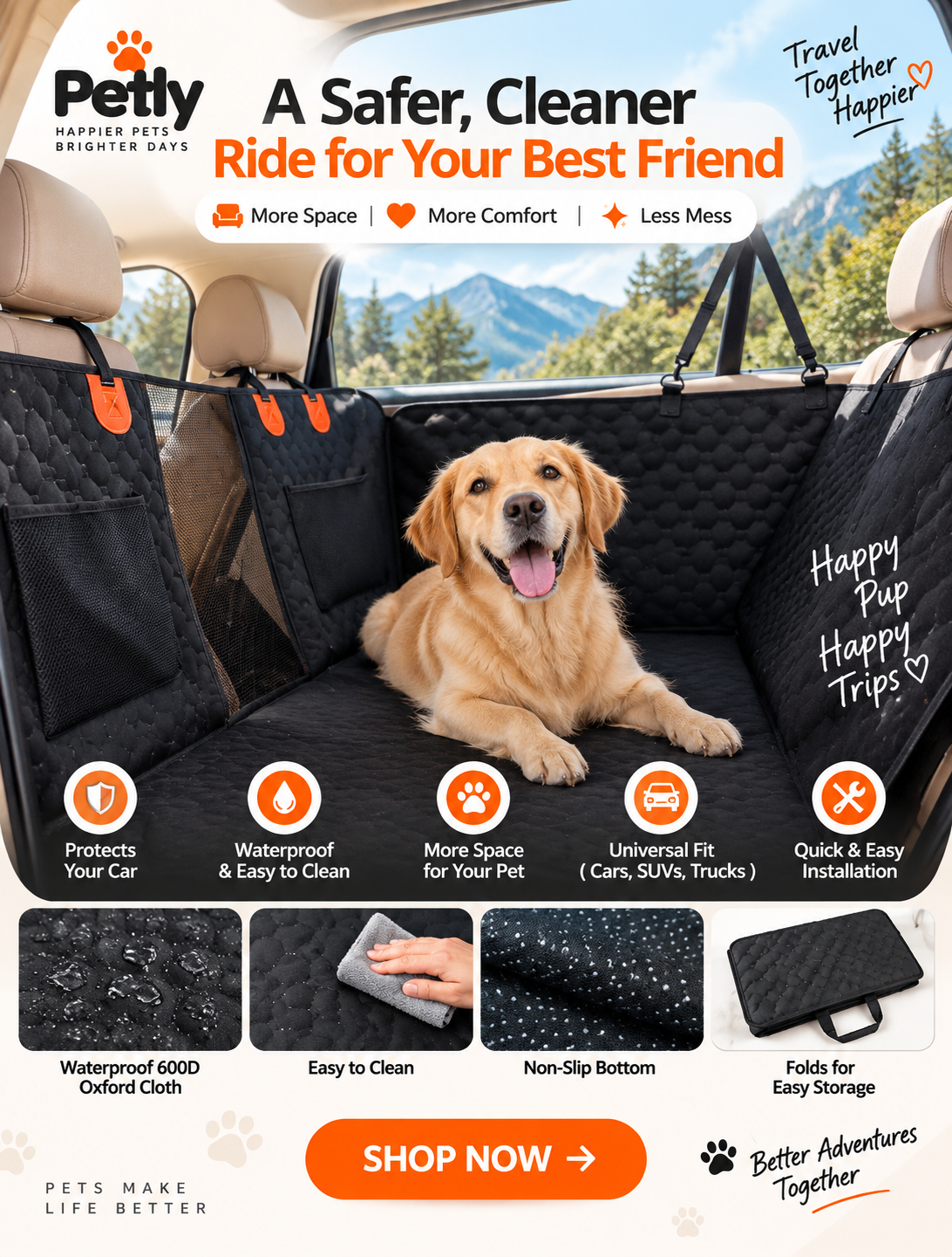 Hard-bottom dog back seat extender covering the rear footwell