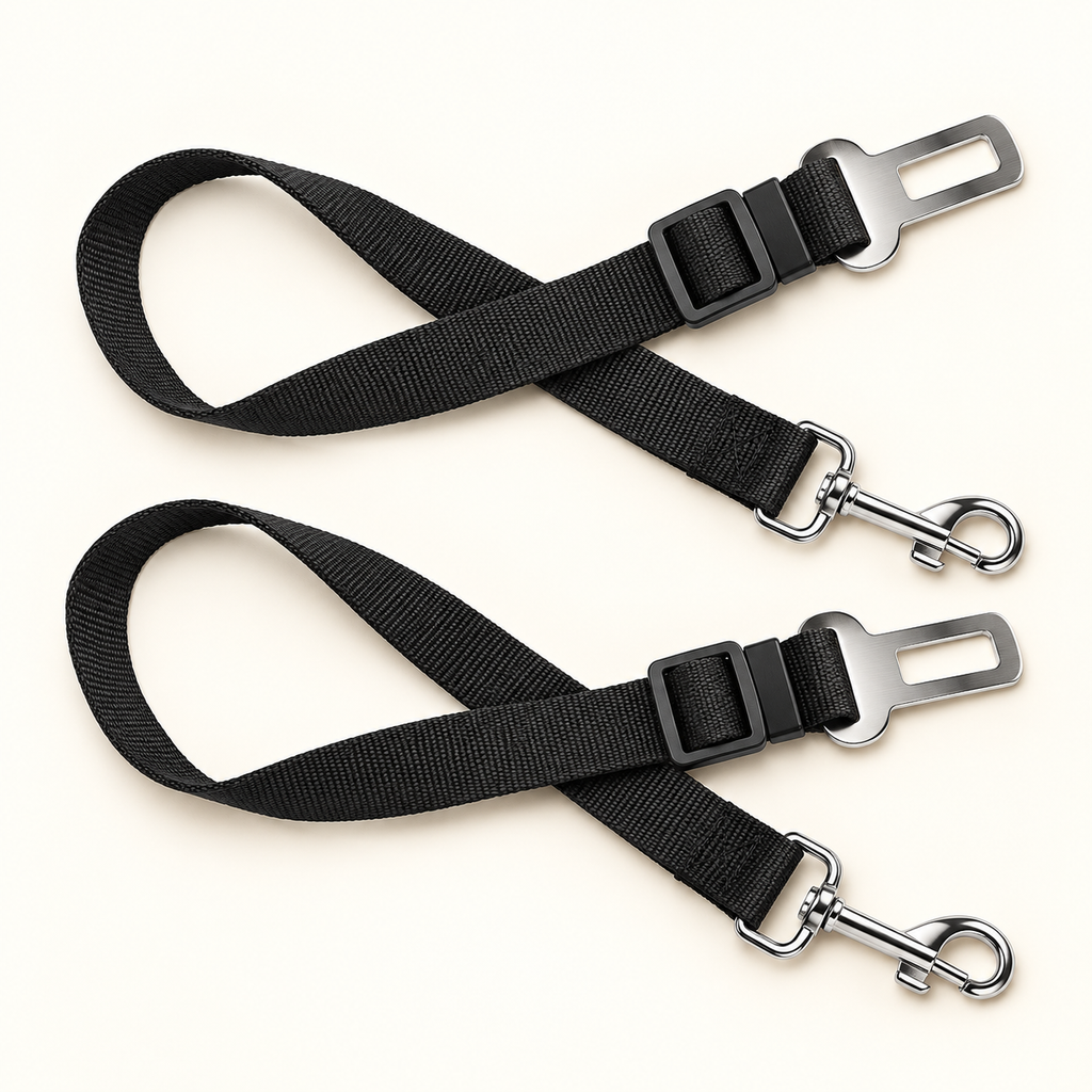 Two black adjustable Petly dog seat-belt tethers with silver clips and buckle tabs