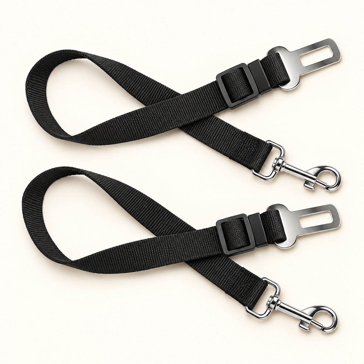 Two black adjustable Petly dog seat-belt tethers with silver clips and buckle tabs